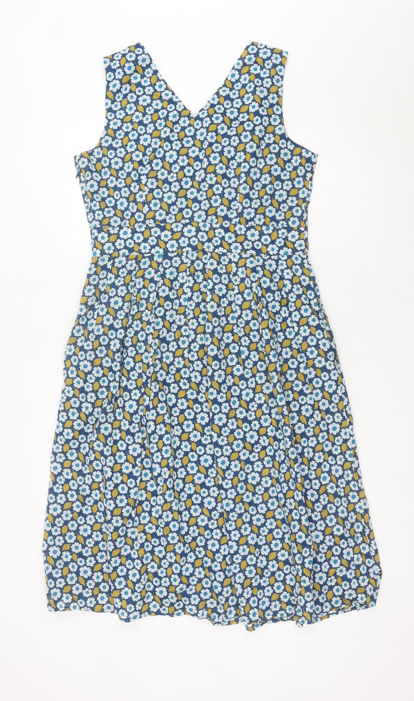 Seasalt Women Blue Floral Cotton A-Line Dress Size 12 Sleeveless