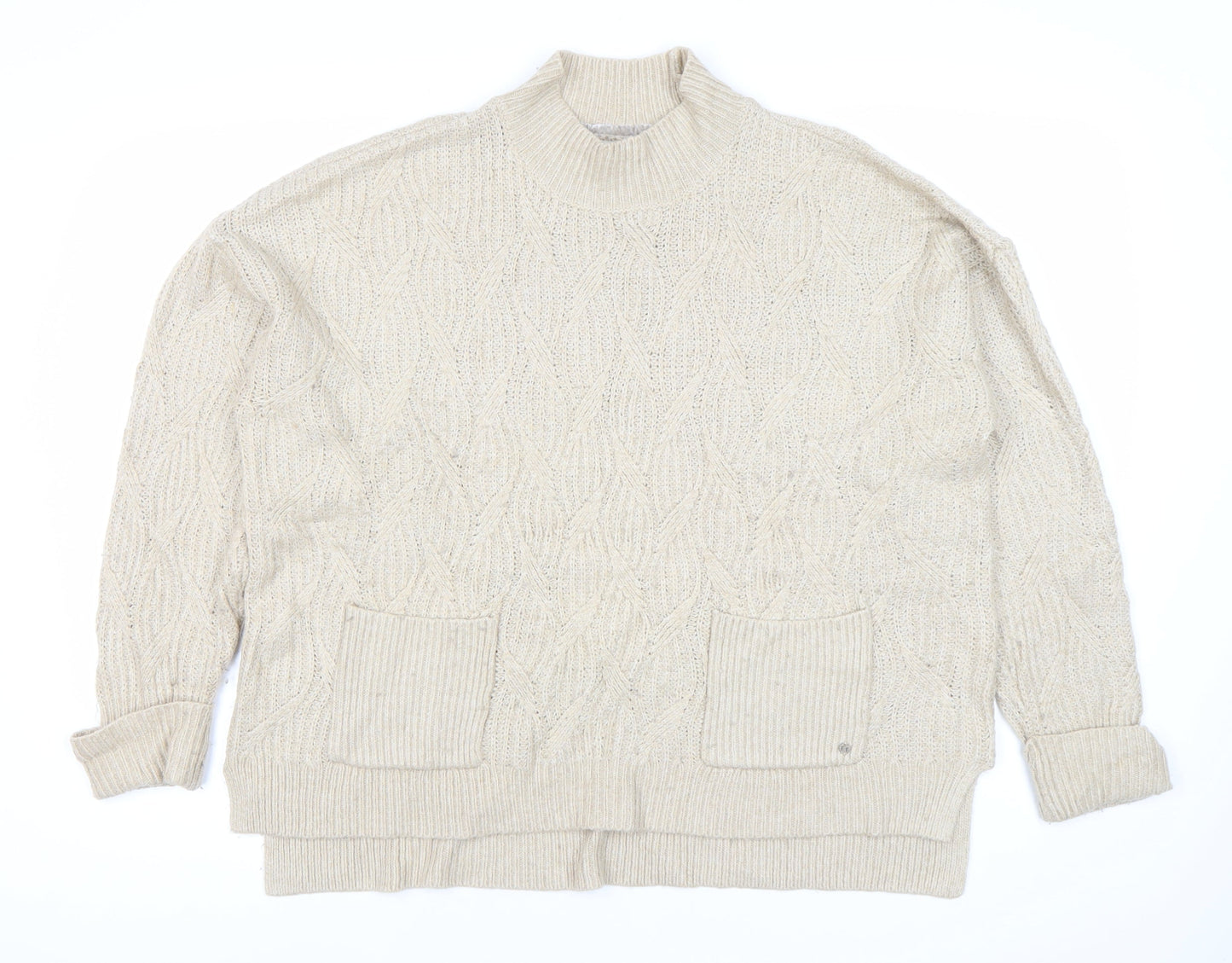 Fat Face Womens Beige Cable Knit Mock Neck Pullover Jumper Size 14