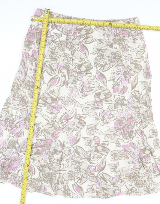 EWM Women’s Beige Pink Floral Linen Blend A-Line Midi Skirt Size 14