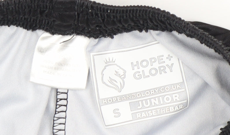 Brand and care label for Hope & Glory boys’ black football athletic shorts, size S, junior