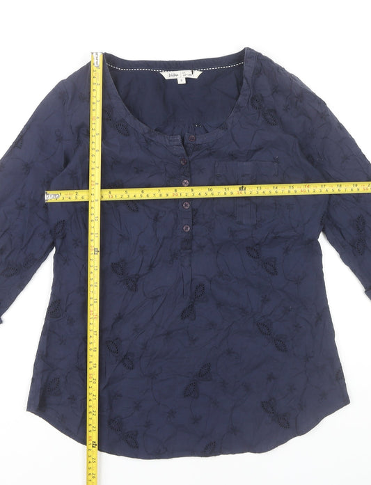 Fat Face Women’s Blue Cotton Blouse Size 8 Tunic 3/4 Sleeve Embroidered