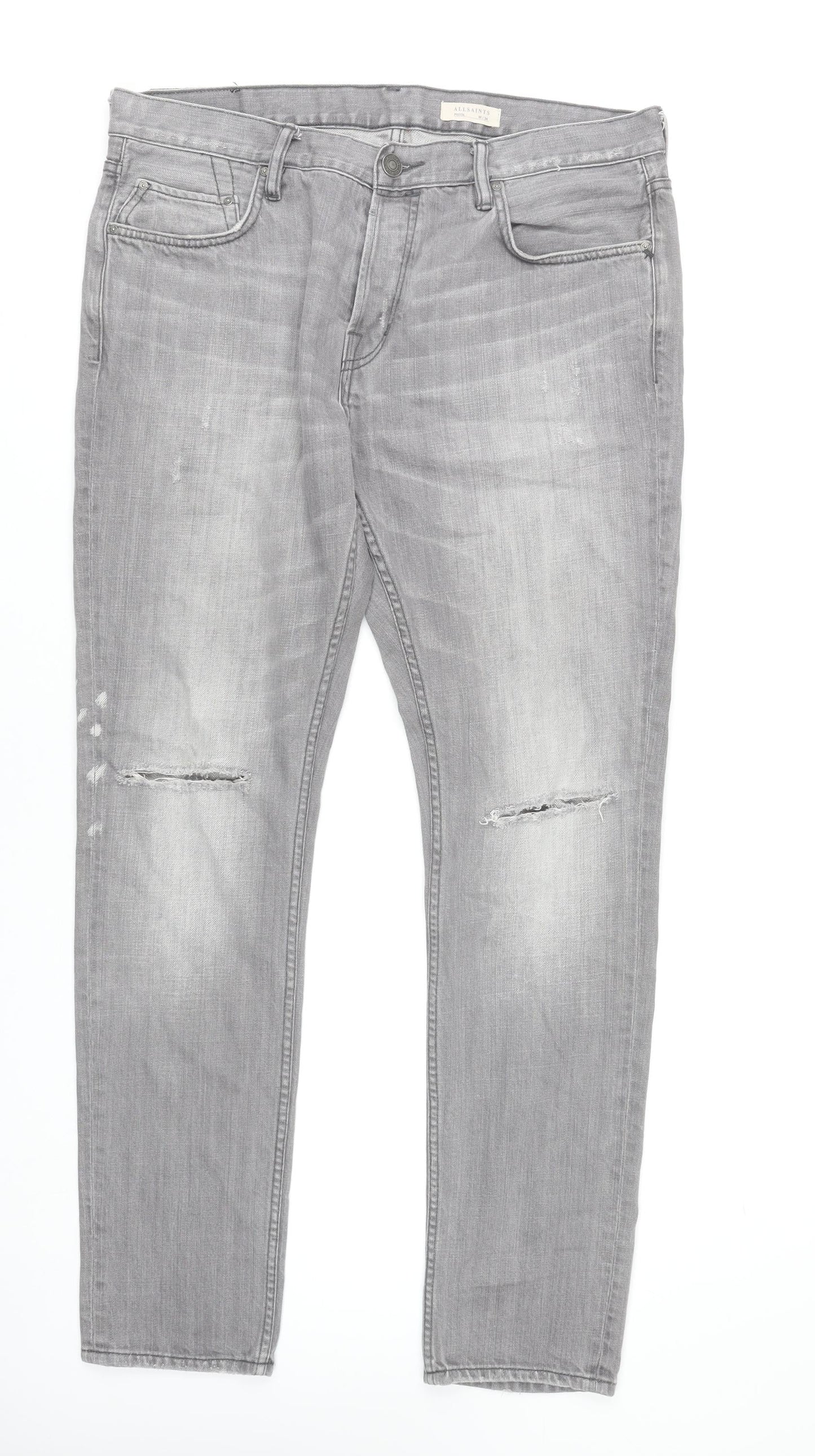 AllSaints Men’s Grey Slim Skinny Distressed Pistol Jeans W34