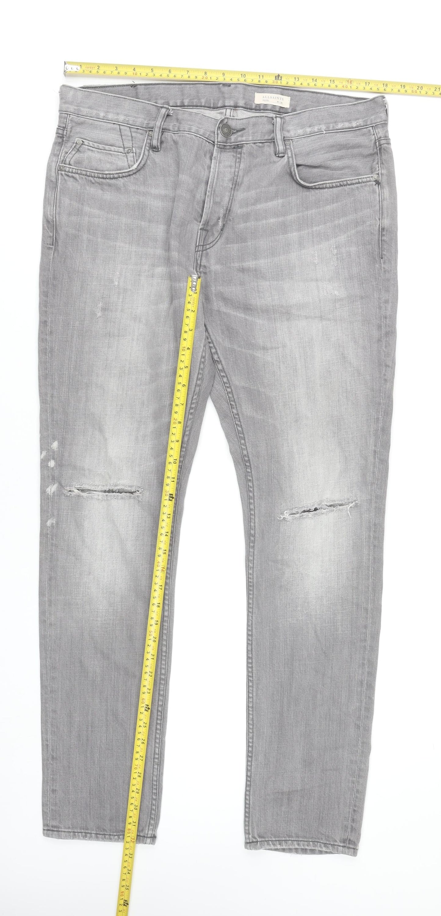 AllSaints Men’s Grey Slim Skinny Distressed Pistol Jeans W34