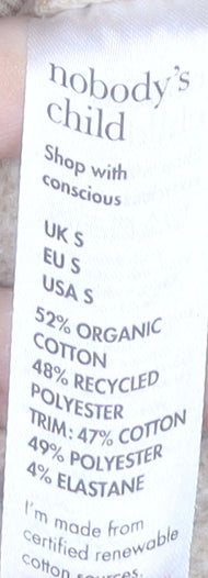 Brand and care label for Nobody's Child Women's Beige Sweatshirt, size S, Crew Neck Pullover
