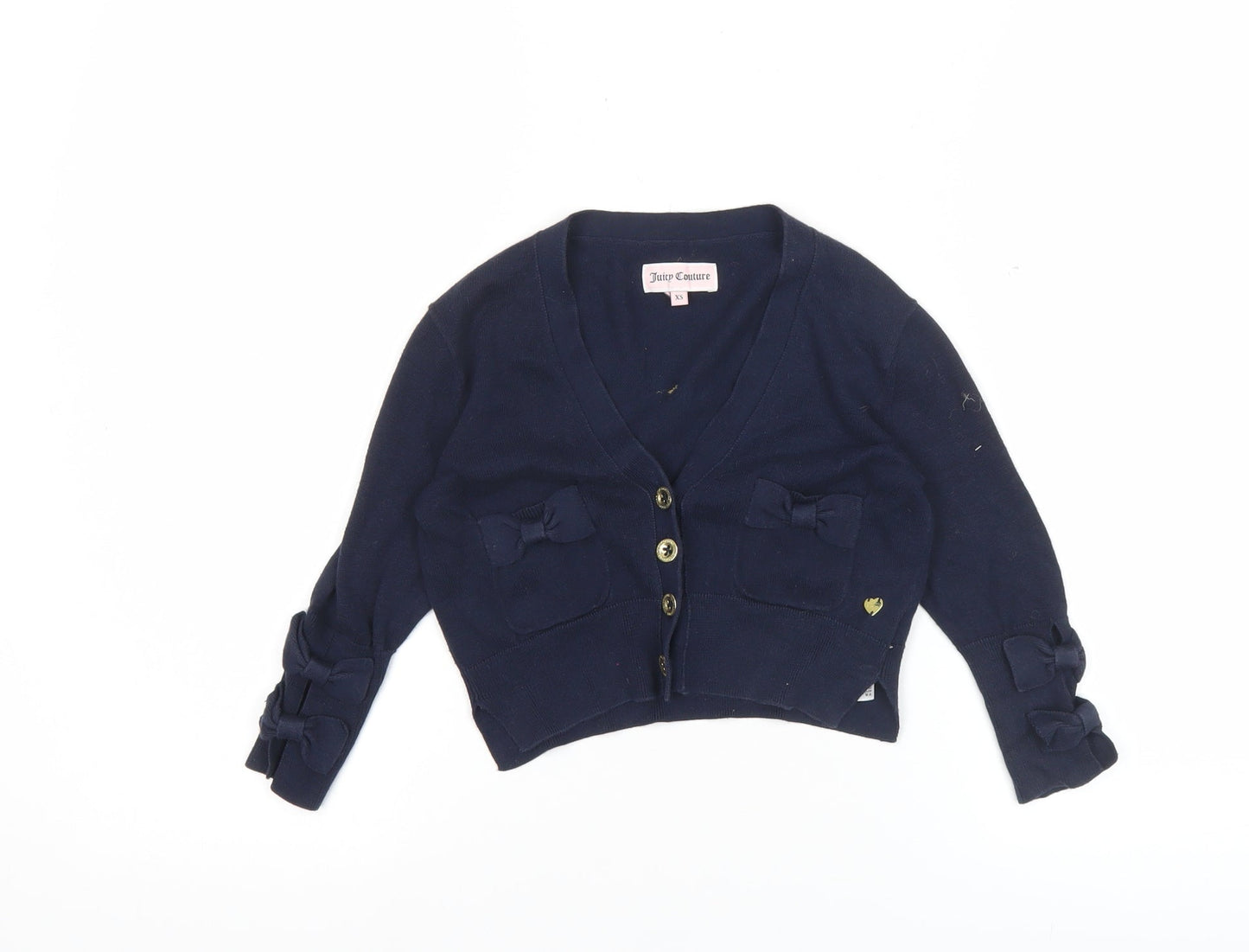 Juicy Couture Womens Blue XS Cardigan Bow Knit Cotton V-Neck