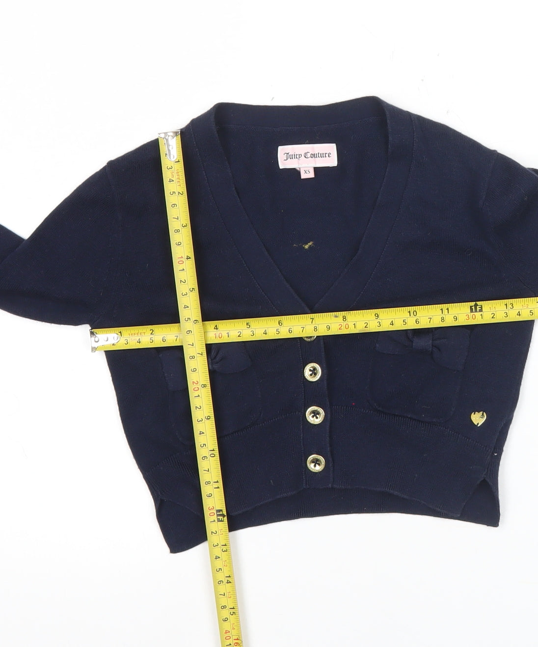 Juicy Couture Womens Blue XS Cardigan Bow Knit Cotton V-Neck