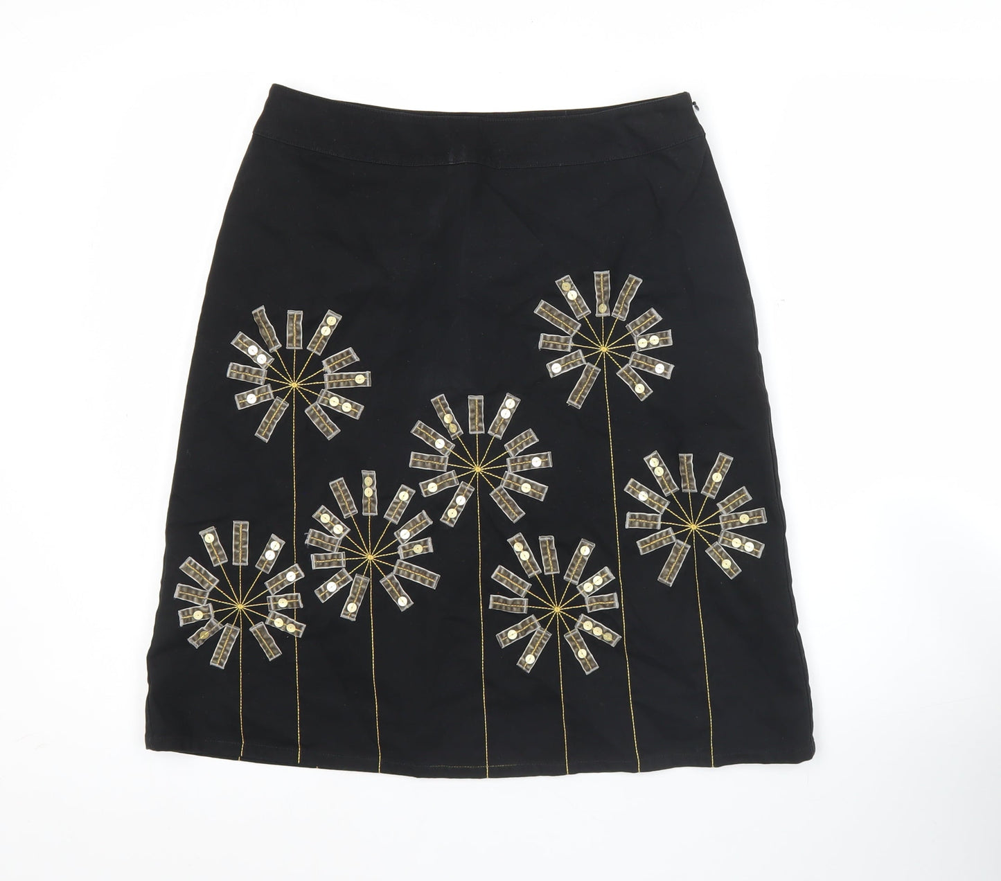 Boden Women Black A-Line Knee Length Skirt UK 12 Floral Sequin