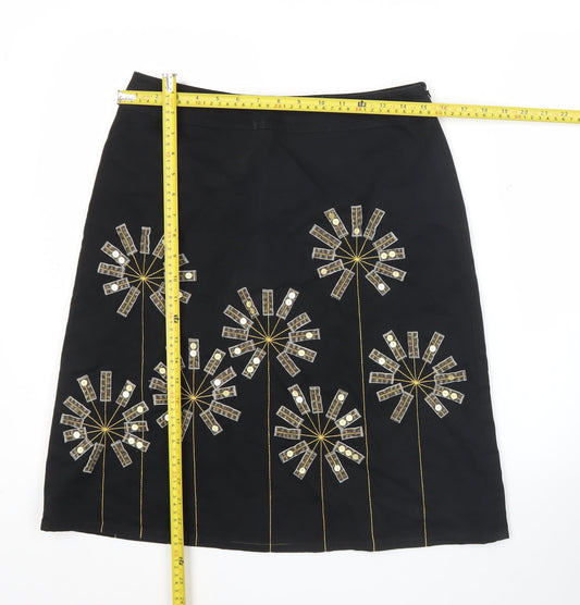 Boden Women Black A-Line Knee Length Skirt UK 12 Floral Sequin