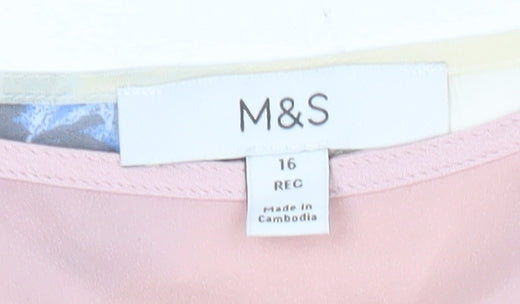 Marks and Spencer Women's Pink Floral Blouse Size 16 Puff Sleeve Chiffon