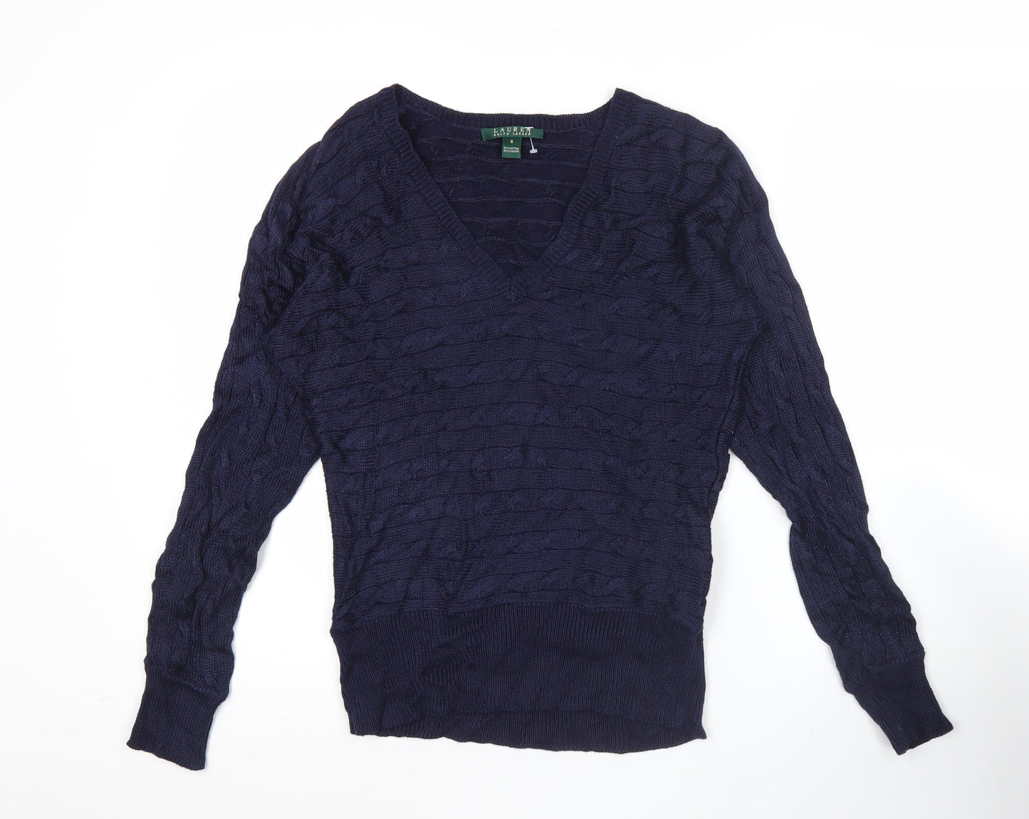 Ralph Lauren Women’s Blue V-Neck Cable-Knit Cotton Viscose Jumper Size S
