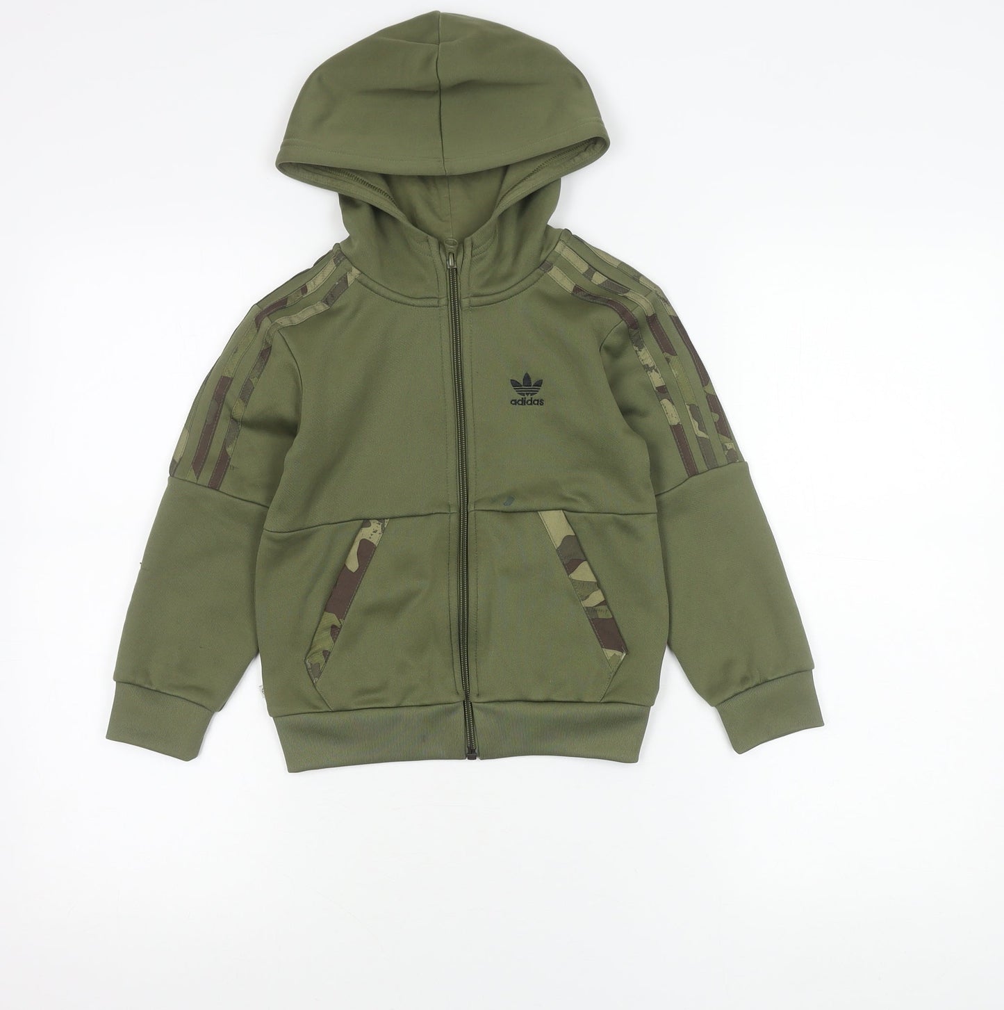 Adidas Boys Green Camouflage Full Zip Hoodie 5-6Y Logo Sportswear