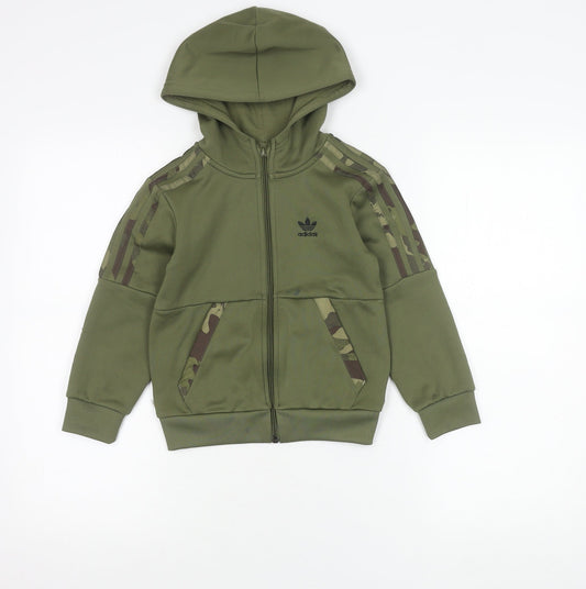 Adidas Boys Green Camouflage Full Zip Hoodie 5-6Y Logo Sportswear
