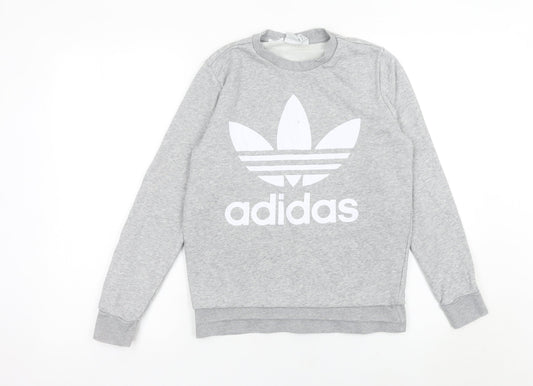 Adidas Boys Grey Logo Pullover Sweatshirt 13-14Y Long Sleeve Crew Neck