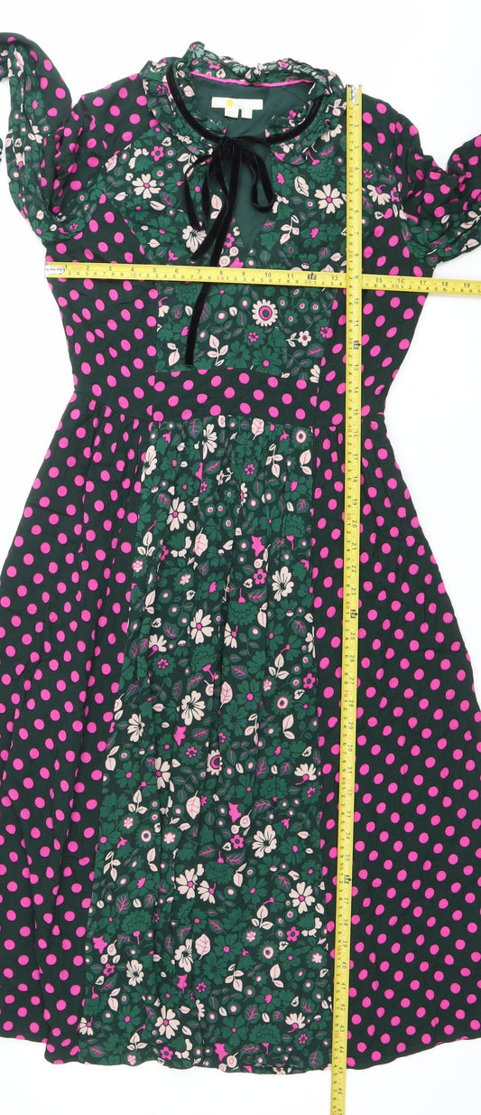 Boden Women’s Green Pink Floral Polka Dot Fit & Flare Dress Size 8