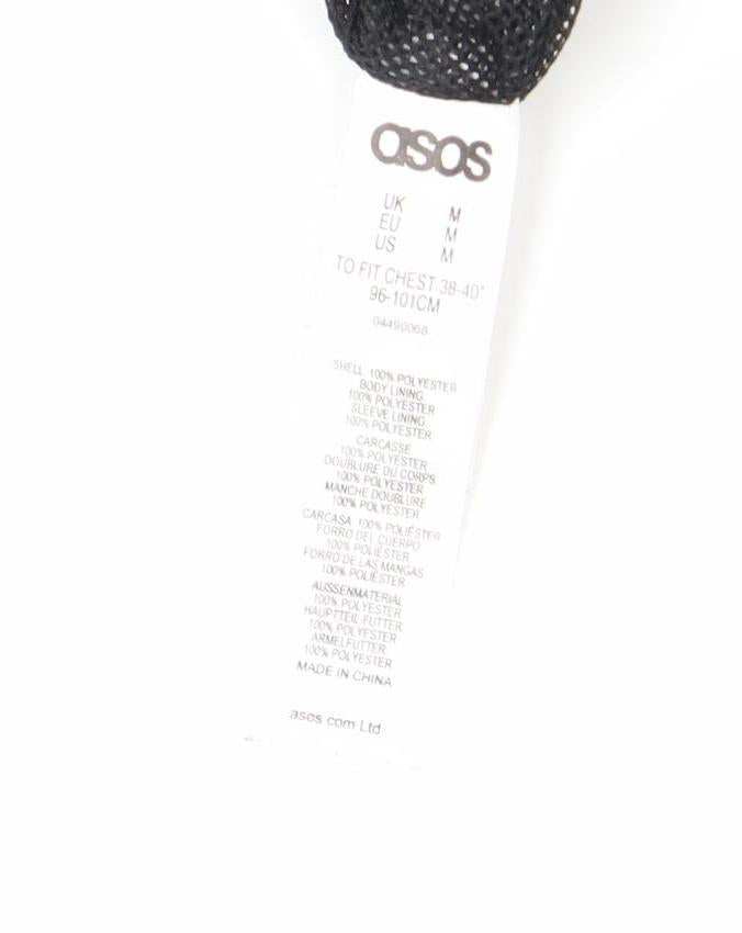 Brand and care label for ASOS Men Black Bomber Jacket, size M, 38-40" Regular Fit Polyester