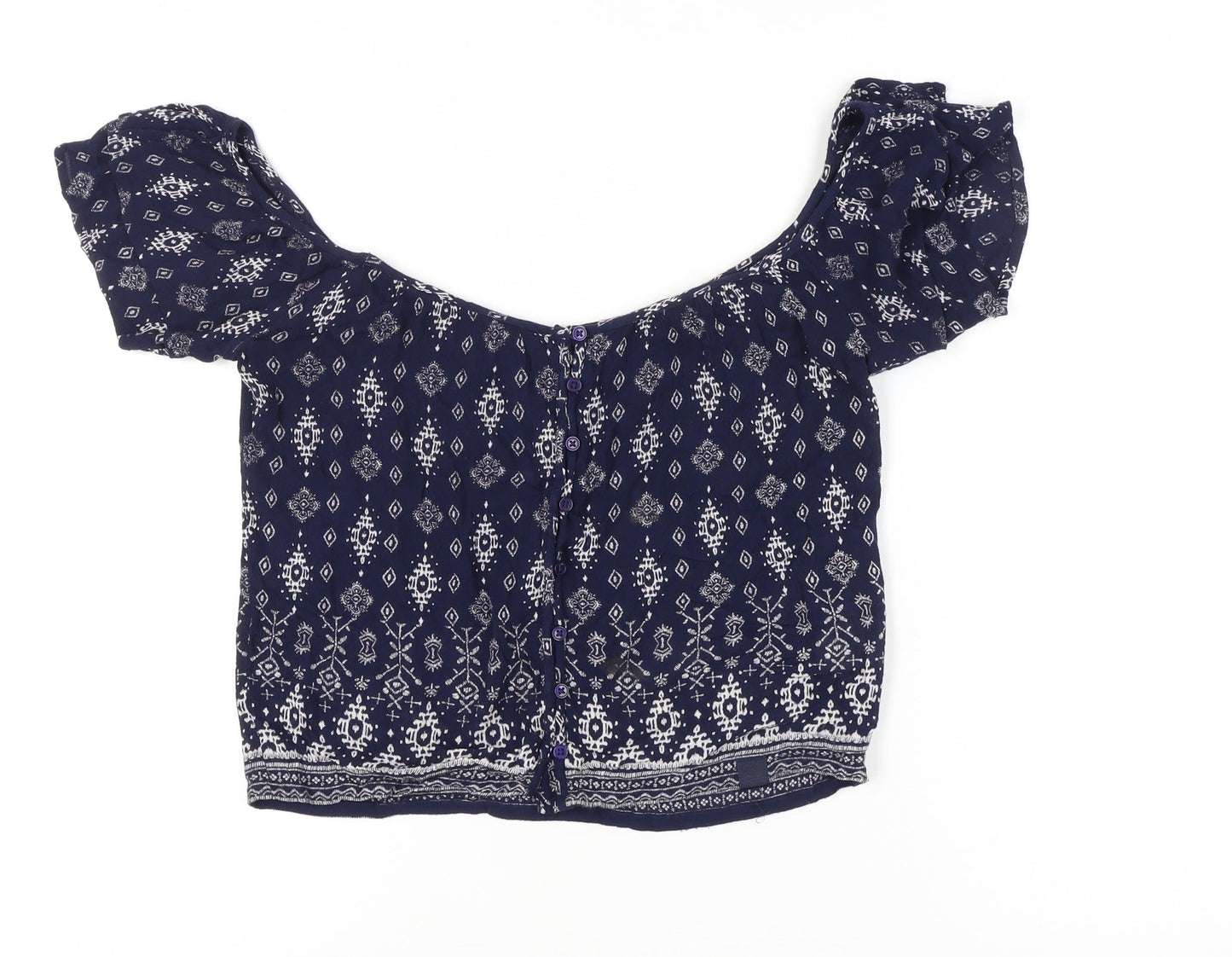 Superdry Women’s Blue Bohemian Crop Blouse Size S Puff Sleeve