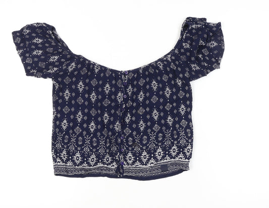 Superdry Women’s Blue Bohemian Crop Blouse Size S Puff Sleeve