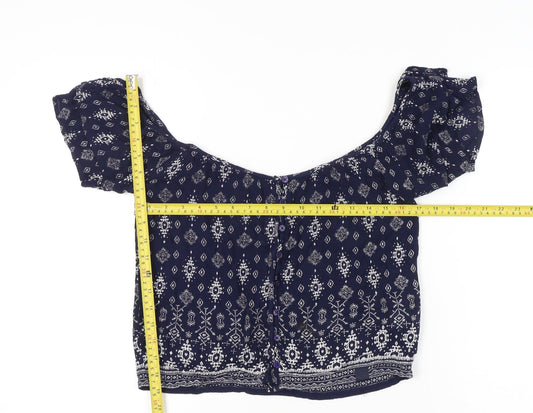 Superdry Women’s Blue Bohemian Crop Blouse Size S Puff Sleeve