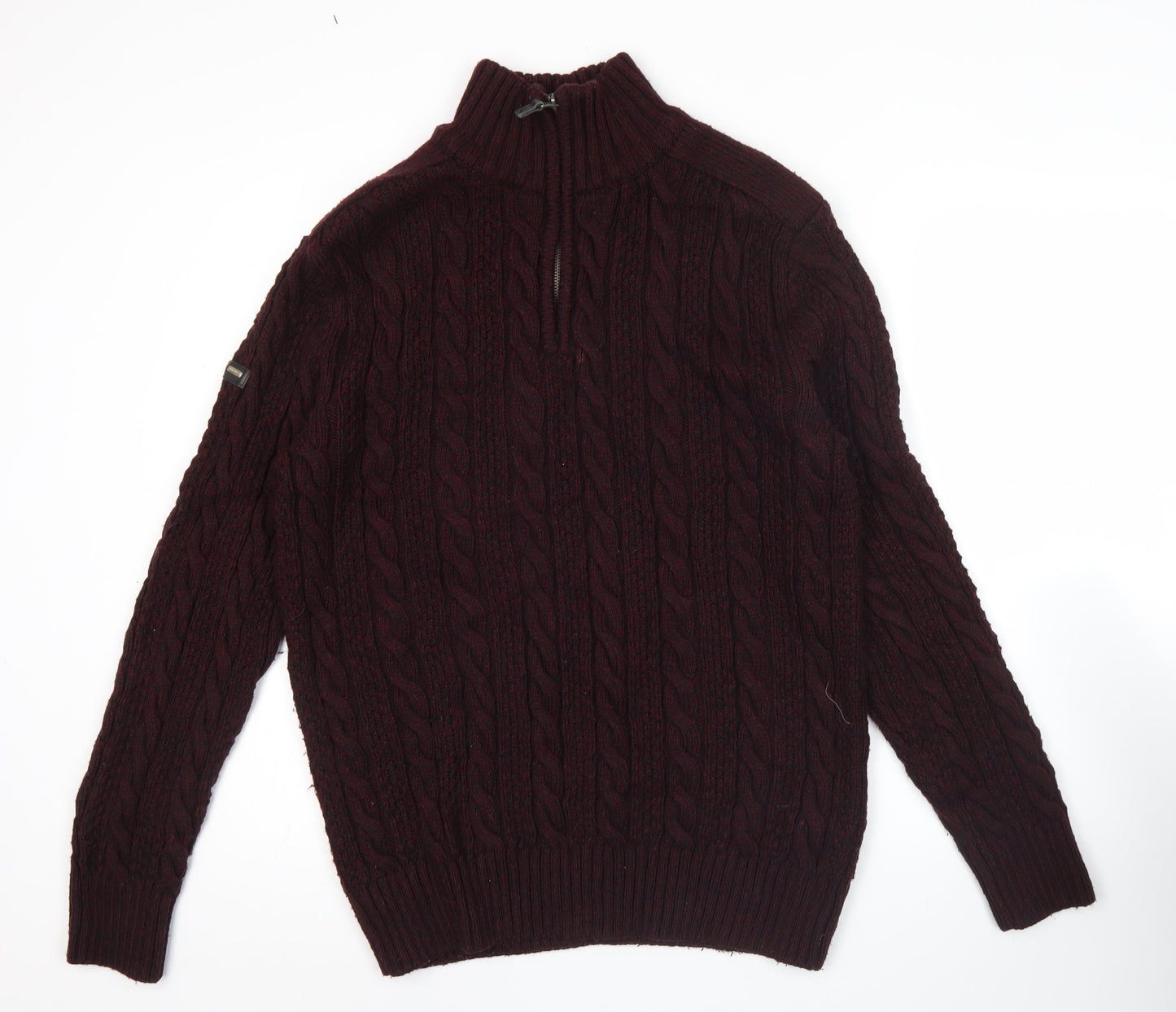 Superdry Men’s Red Cable Knit 1/4 Zip Jumper Size L Wool Blend