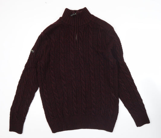 Superdry Men’s Red Cable Knit 1/4 Zip Jumper Size L Wool Blend