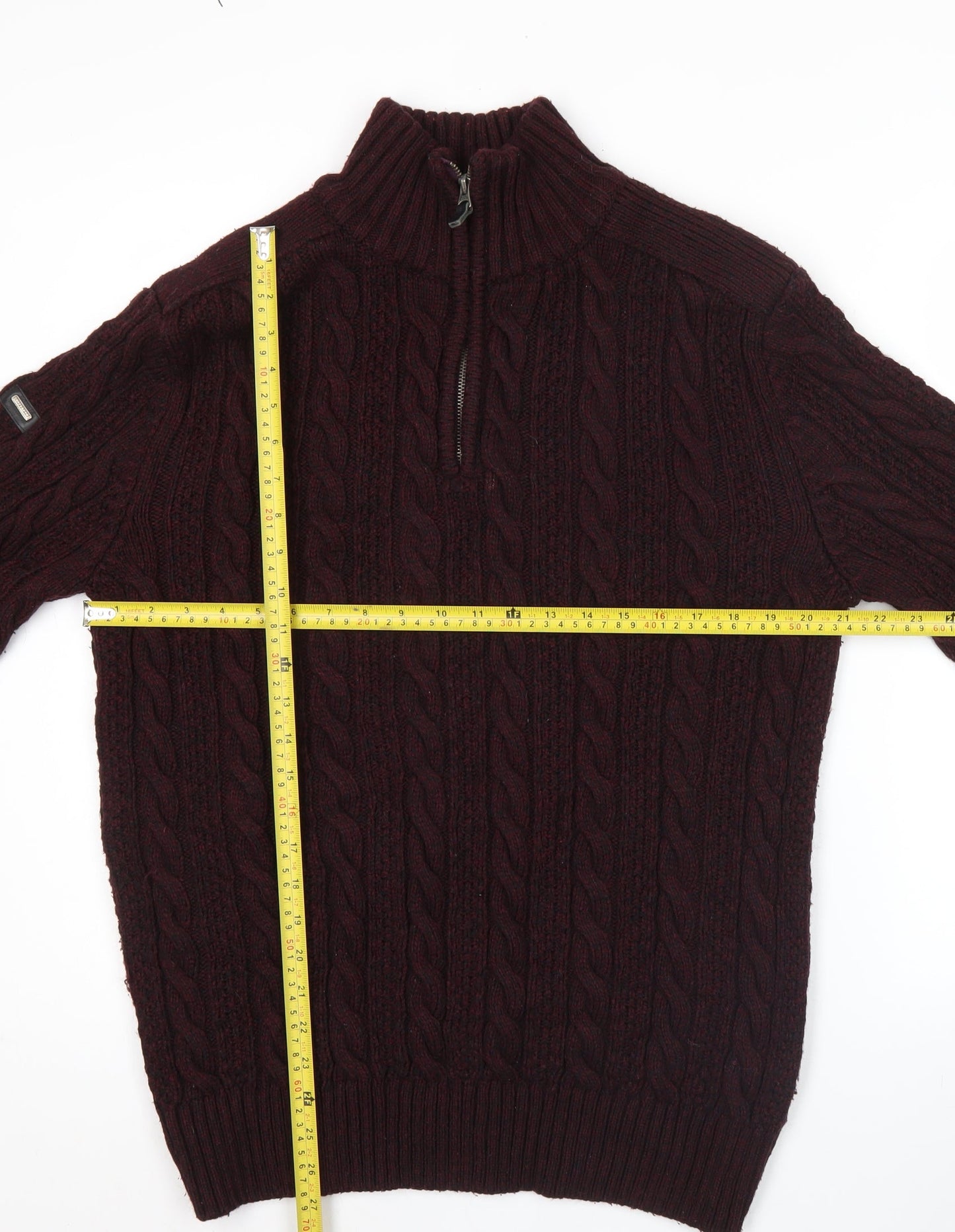 Superdry Men’s Red Cable Knit 1/4 Zip Jumper Size L Wool Blend