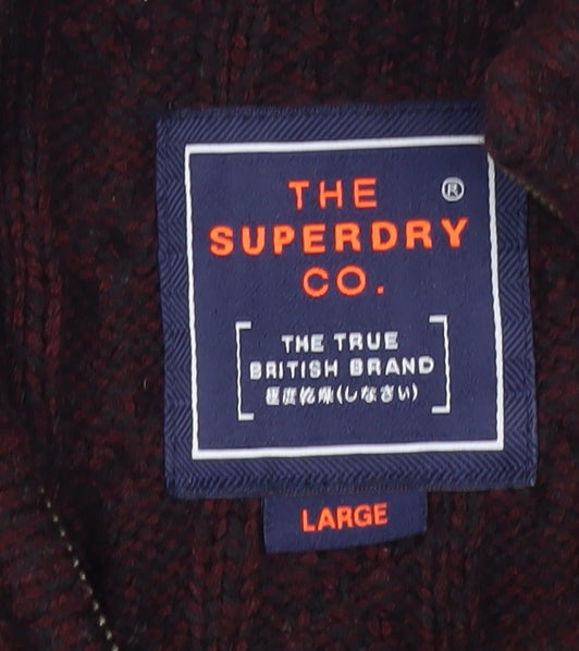 Superdry Men’s Red Cable Knit 1/4 Zip Jumper Size L Wool Blend