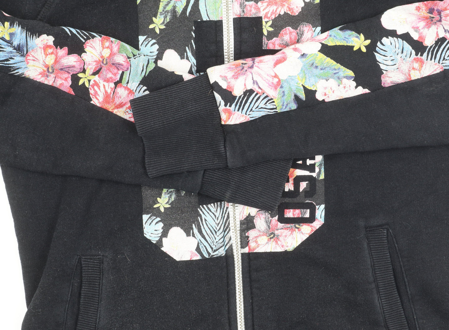 Superdry Women Black Floral Zip Hoodie Jacket Size L