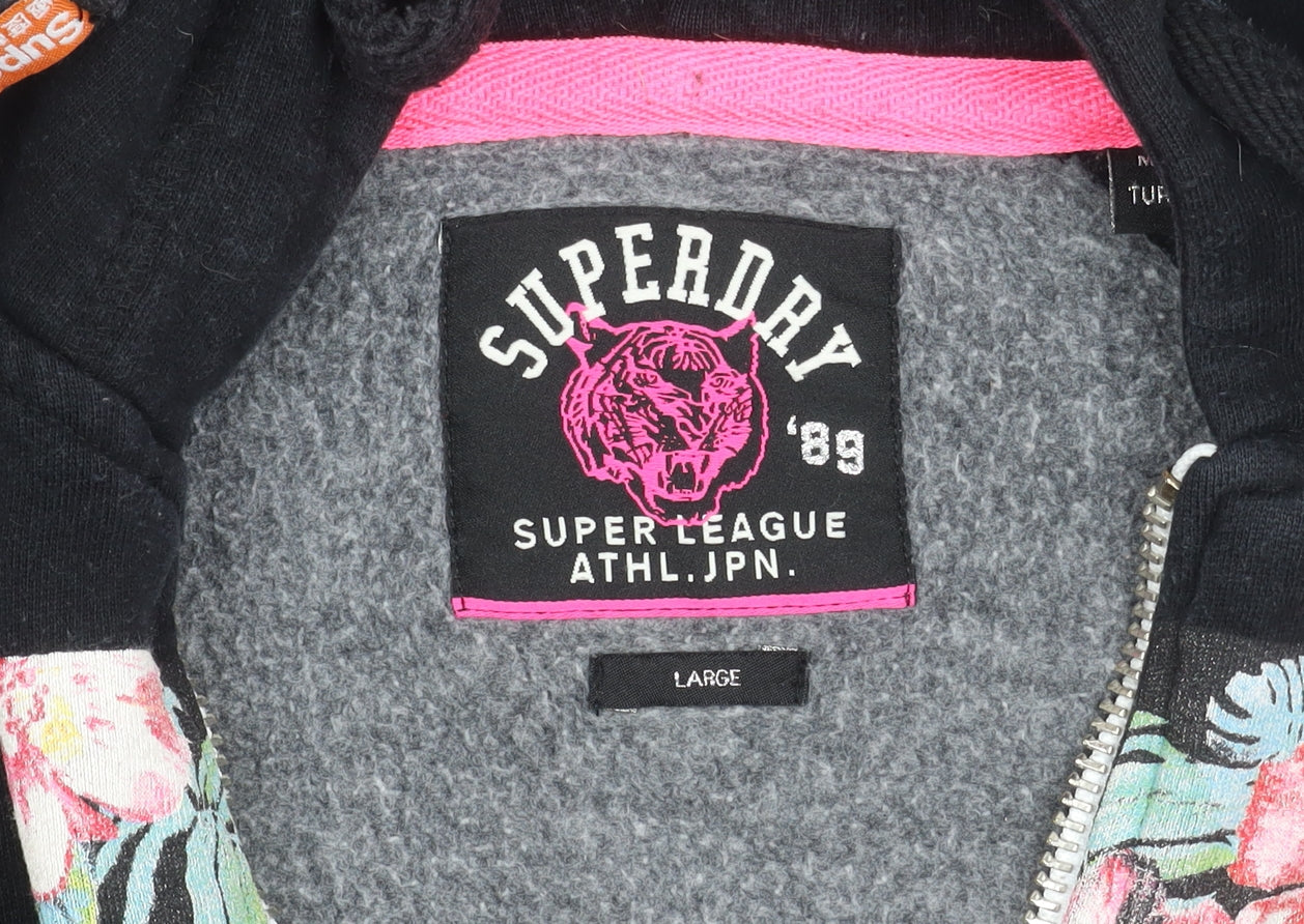 Superdry Women Black Floral Zip Hoodie Jacket Size L