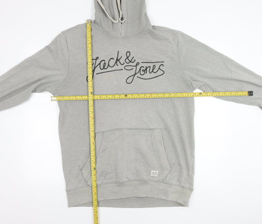 Jack & Jones Mens Grey XL Pullover Hoodie Logo Graphic Sweatshirt