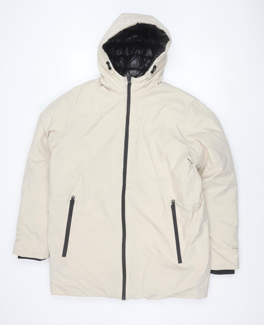 Jack & Jones Men’s Beige Puffer Jacket M Hooded Full Zip Polyester