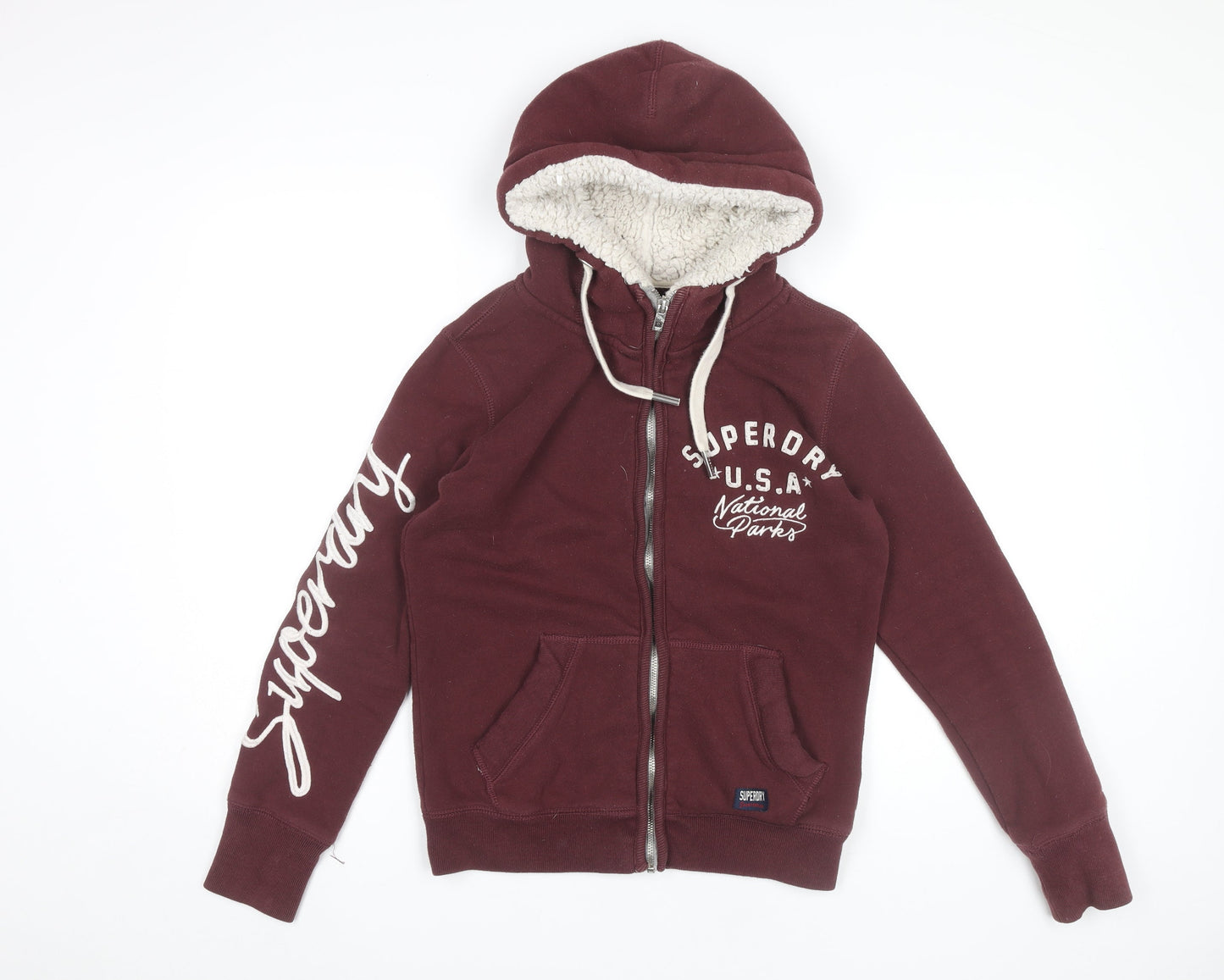 Superdry Women’s Burgundy Full Zip Hoodie M Sherpa Lined Casual