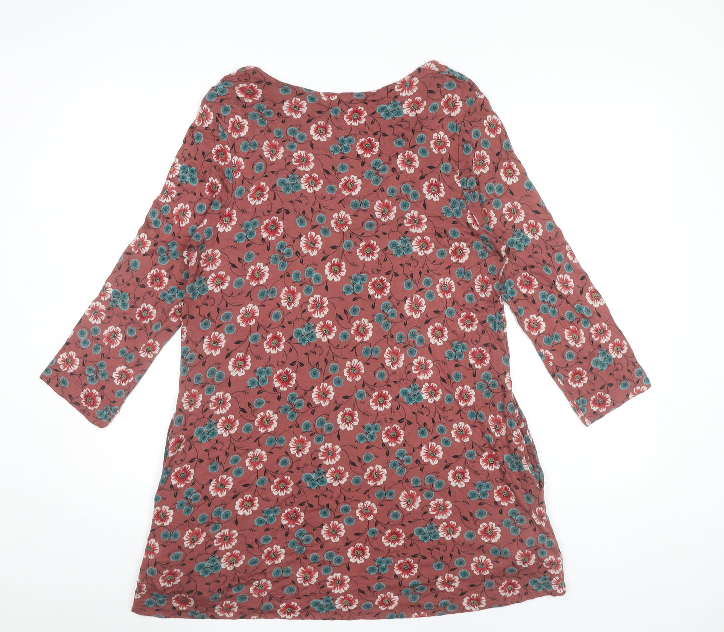 Fat Face Women Red Floral Shift Dress Size 8 Viscose Casual 3/4 Sleeve