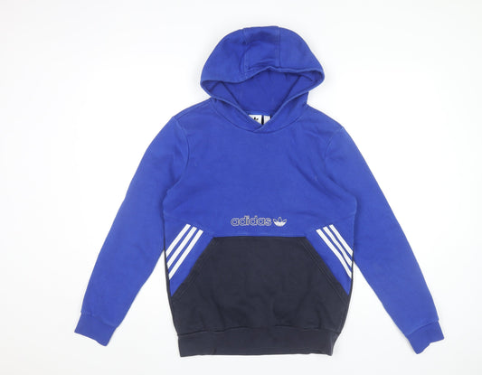Adidas Boys Blue Pullover Hoodie 13-14 Years Logo Colourblock Hooded Top