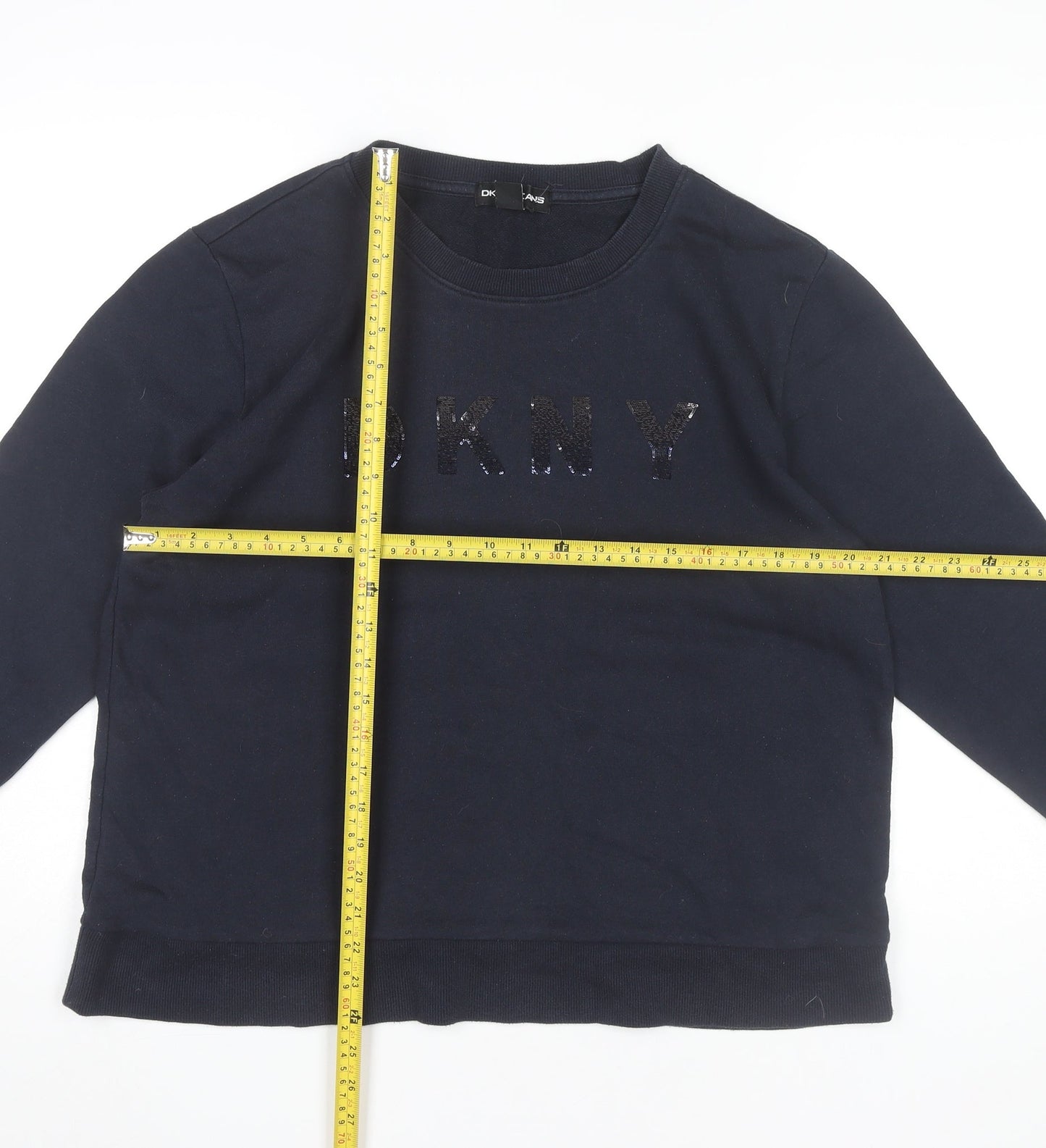 DKNY Womens Black Logo Sequin Pullover Sweatshirt Size L