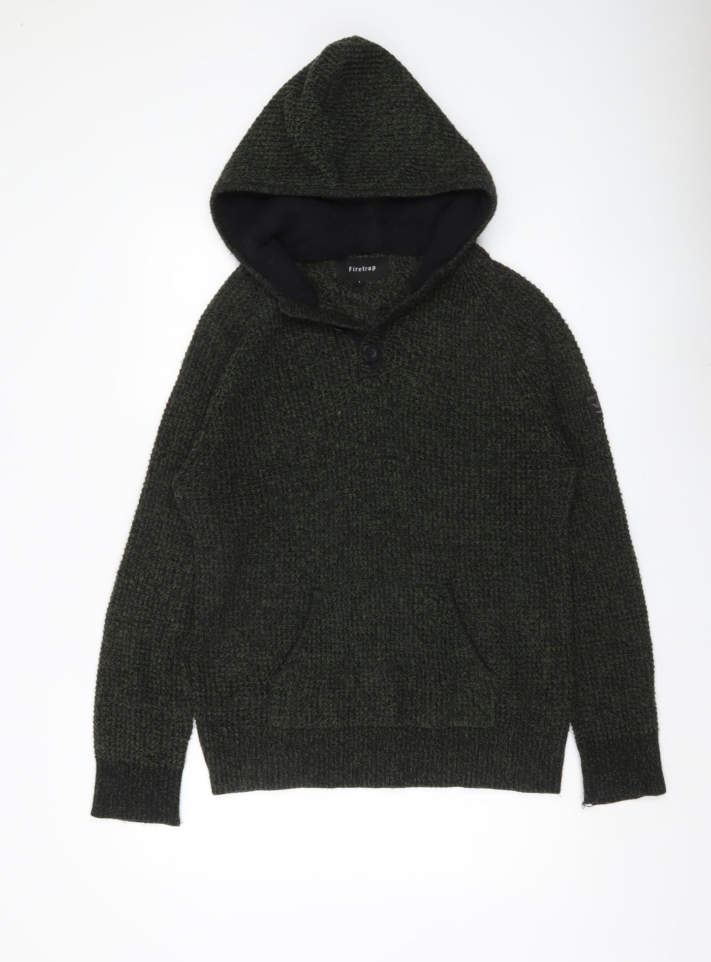 Firetrap Mens Green L Hooded Pullover Jumper Chunky Knit