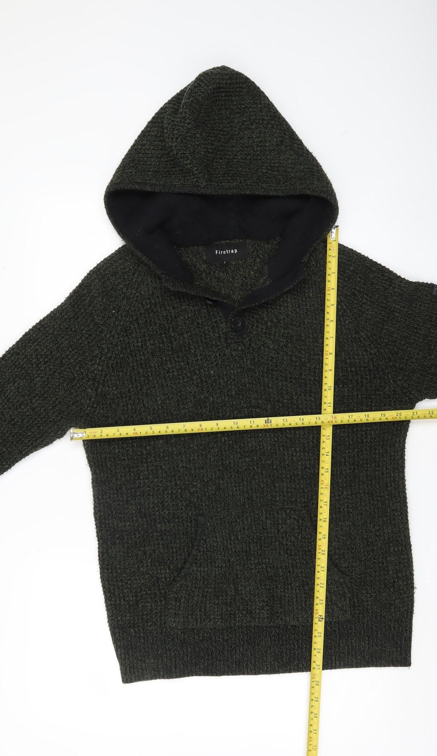 Firetrap Mens Green L Hooded Pullover Jumper Chunky Knit