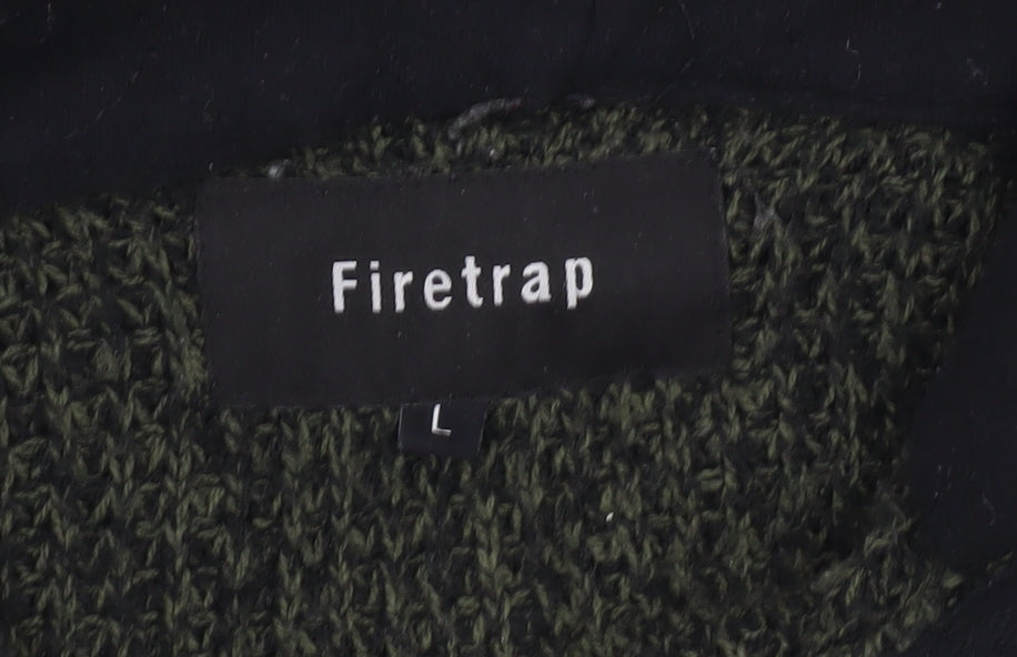 Firetrap Mens Green L Hooded Pullover Jumper Chunky Knit