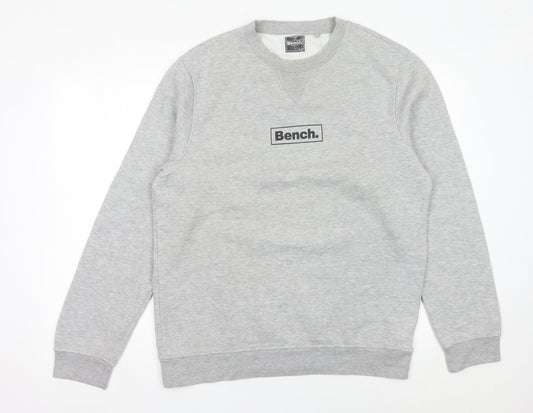 Bench Mens Grey Pullover Sweatshirt L Logo Crew Neck Jumper