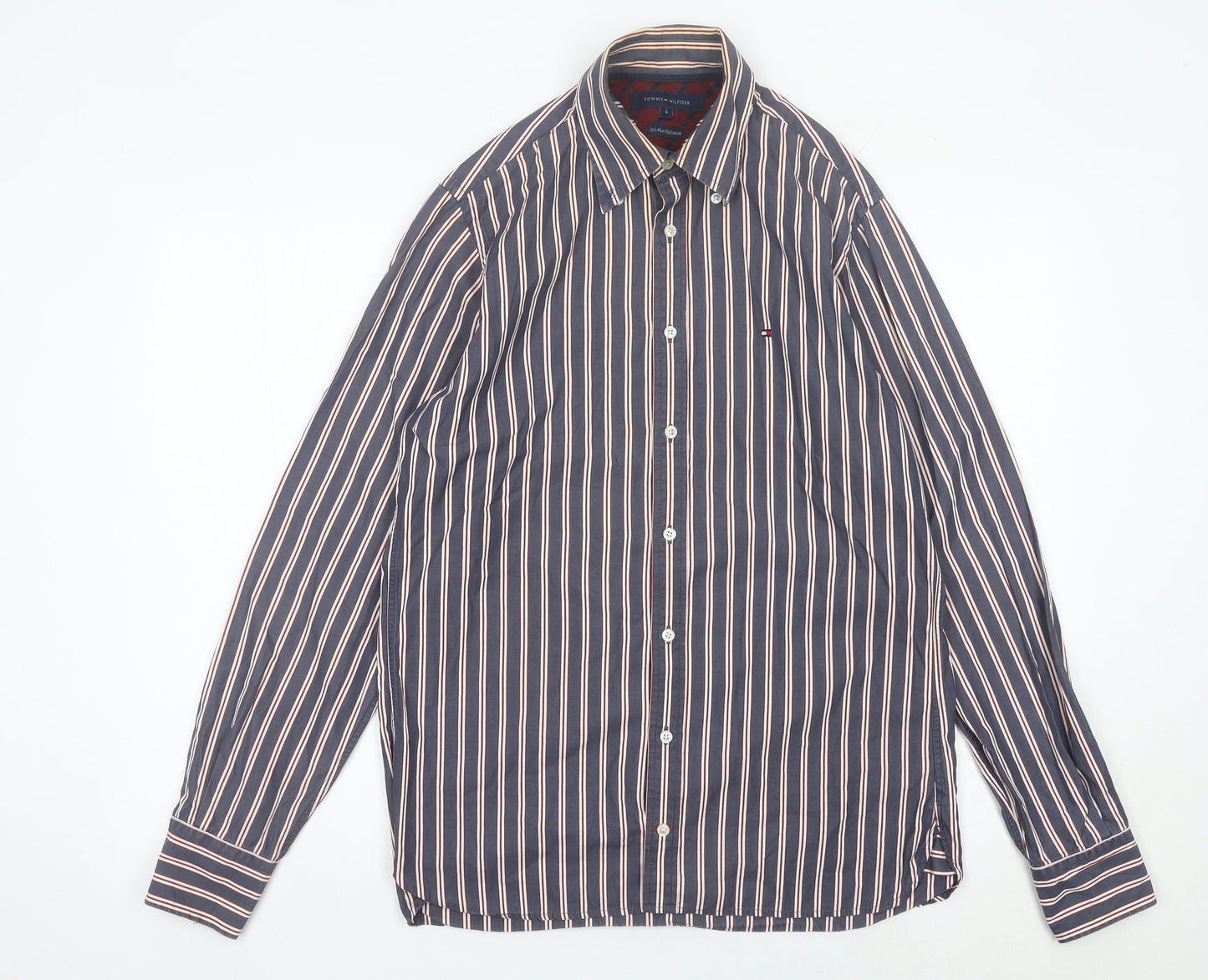 Tommy Hilfiger Men’s Blue Striped Cotton Button-Up Shirt S Regular Fit