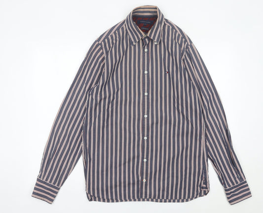 Tommy Hilfiger Men’s Blue Striped Cotton Button-Up Shirt S Regular Fit
