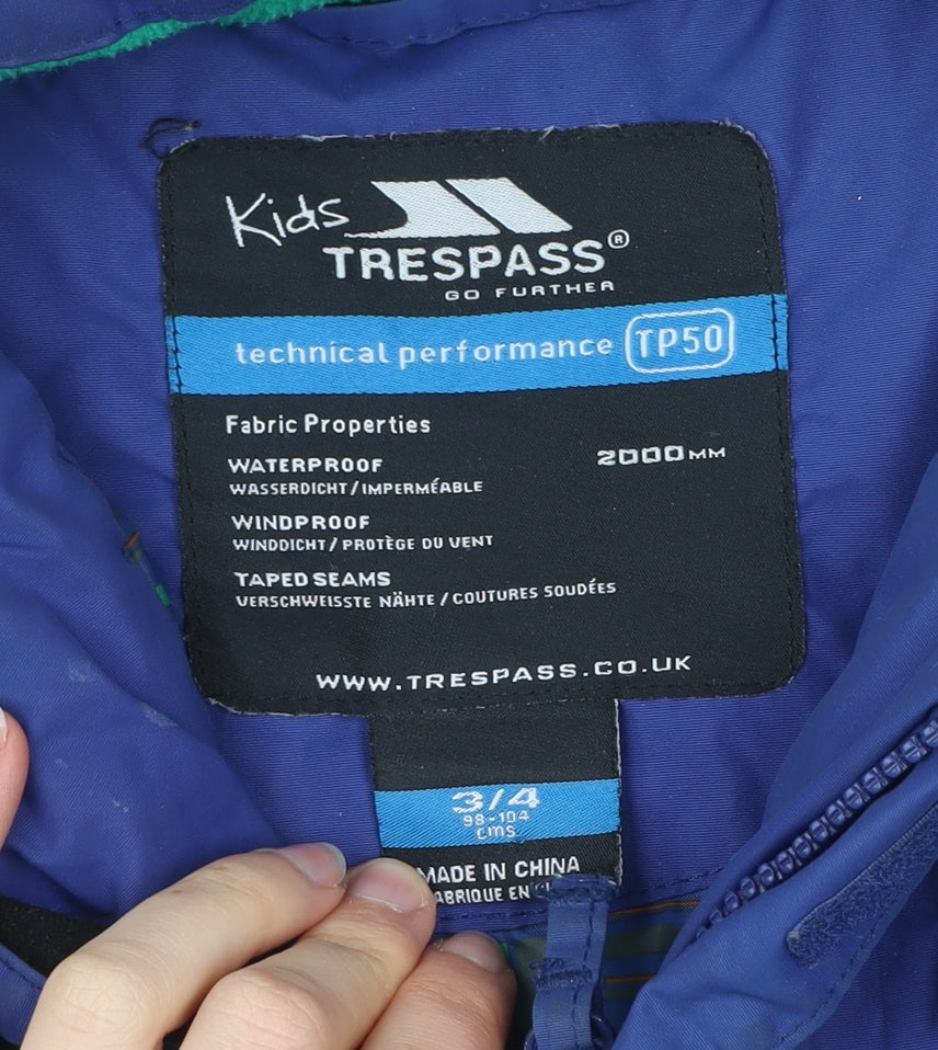 Trespass Boys Blue Green Ski Jacket 3-4 Years Waterproof Hooded Winter Coat