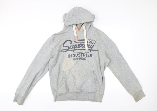 Superdry Mens Grey Pullover Hoodie L Logo Graphic Print Long Sleeve