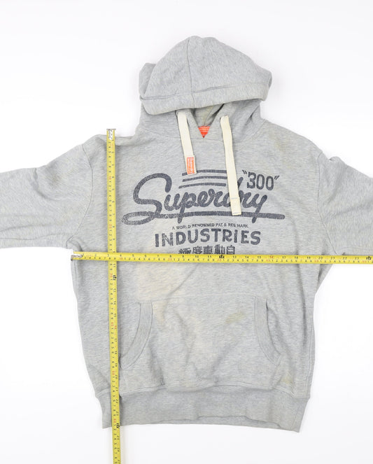 Superdry Mens Grey Pullover Hoodie L Logo Graphic Print Long Sleeve