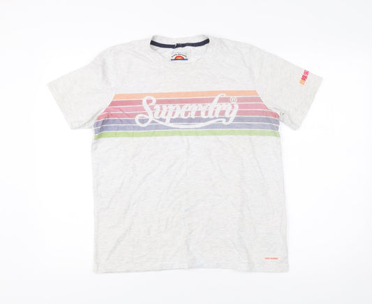 Superdry Womens Grey Striped Retro Logo T-Shirt UK 12