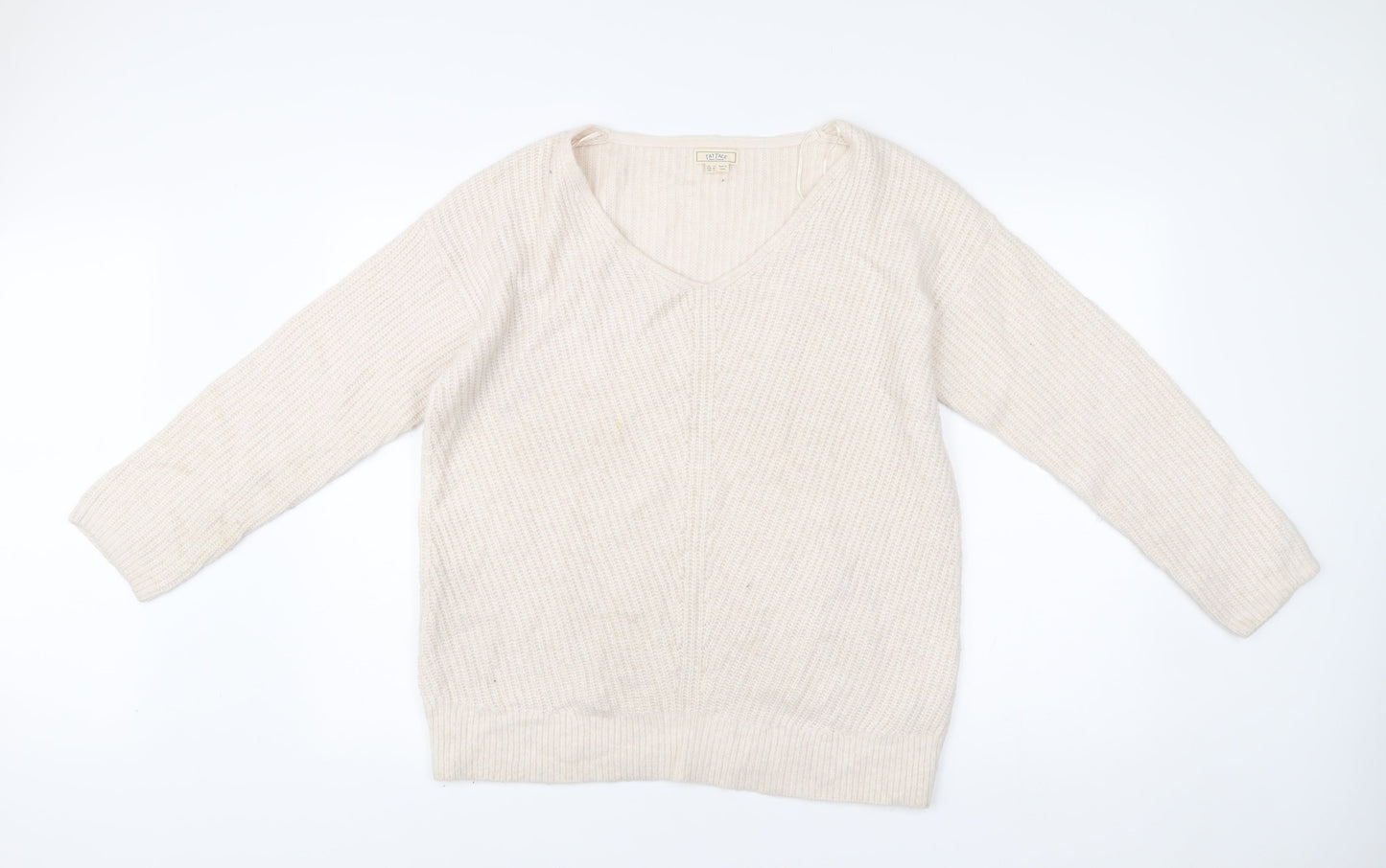 Fat Face Women’s Ivory Pullover Jumper UK 14 V-Neck Knit Long Sleeve