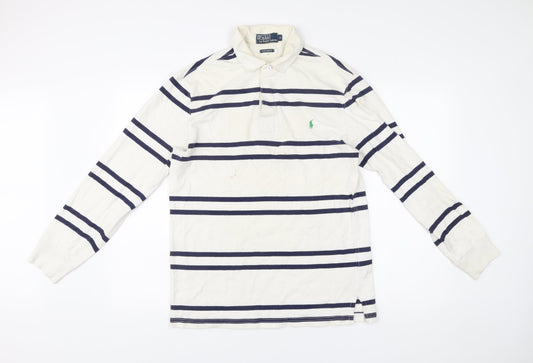 Ralph Lauren Men's White Striped Rugby Henley Jumper Size M