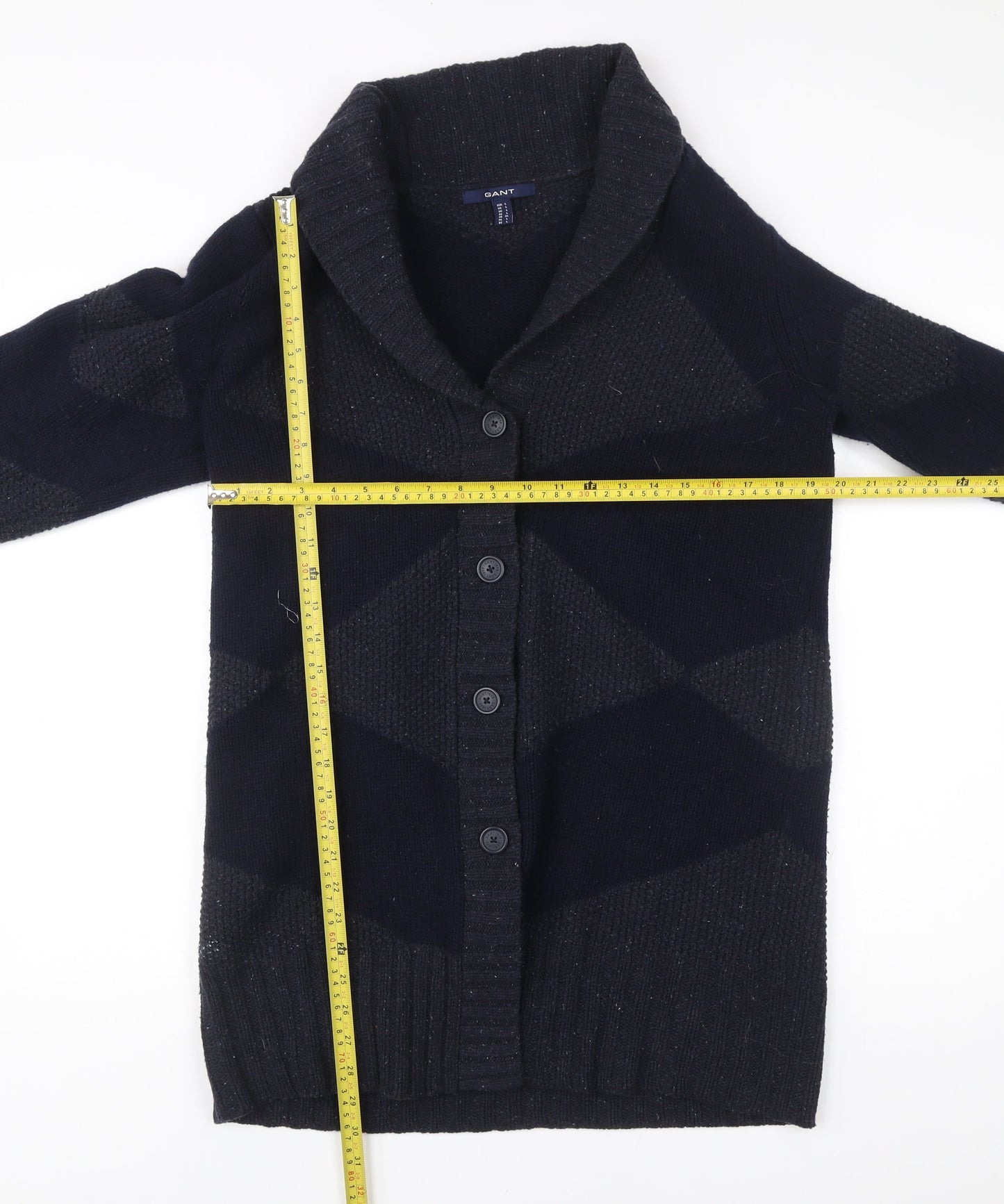Gant Men’s Blue Wool Blend Cardigan L Collared Geometric Knit