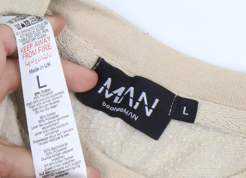 Brand and care label for boohooMAN Men's Beige Pullover Sweatshirt L Graphic Print Crew Neck