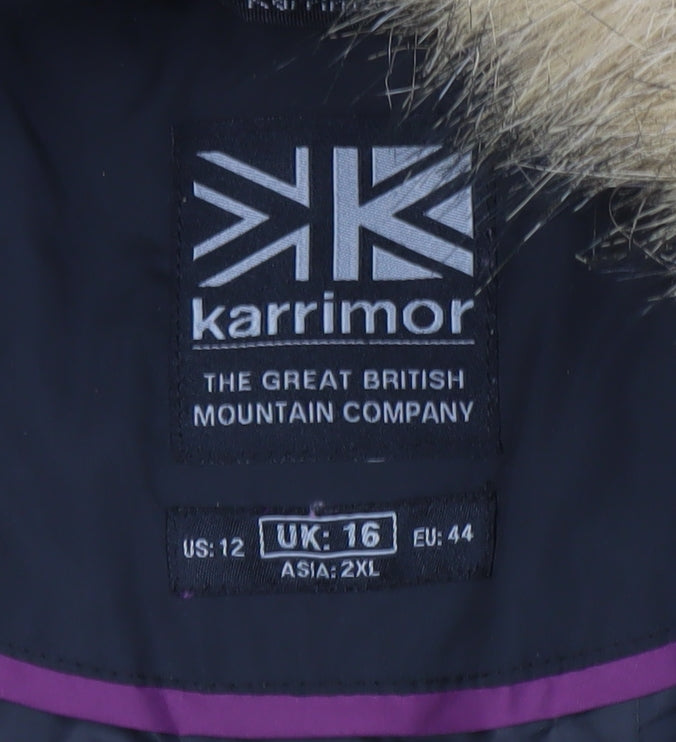 Karrimor Womens Black Long Puffer Coat UK 16 Hooded Fur Trim