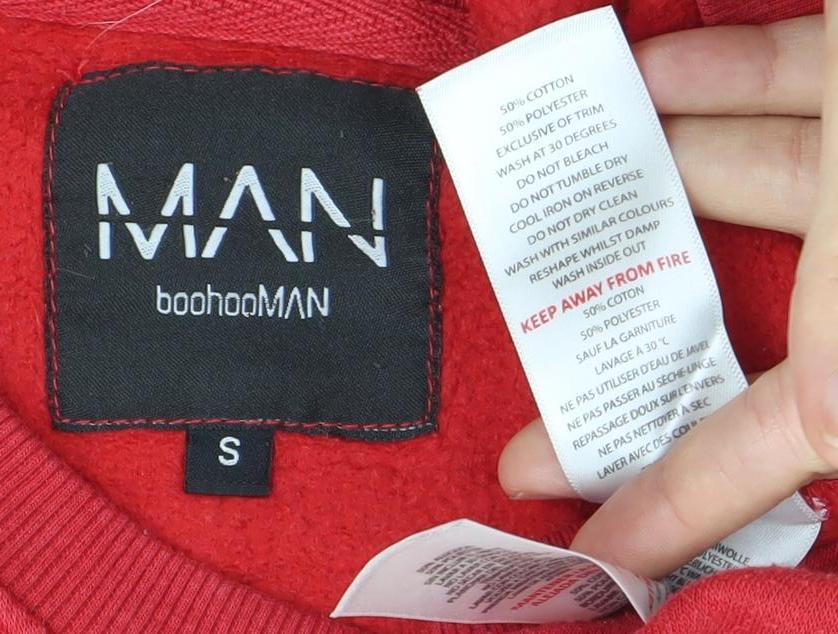 Brand and care label for boohooMAN Men's Red Logo Pullover Sweatshirt, size S, Crew Neck